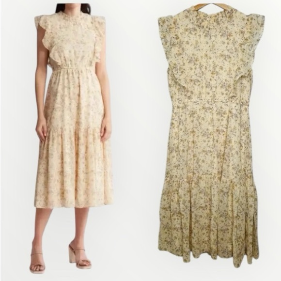 Wishlist Floral Ruffle Midi Dress Beige yellow Combo Size L Short Sleeve - Picture 1 of 13